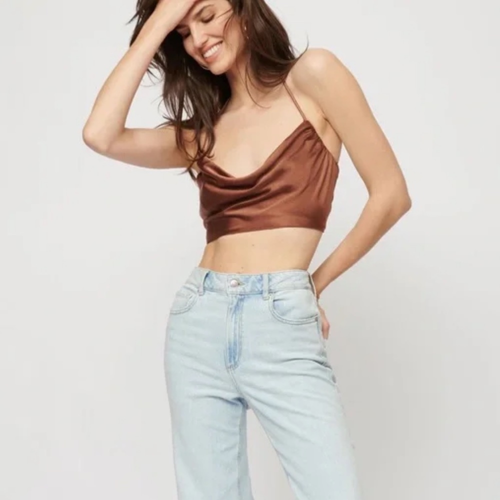 Dynamite Garage Celia Cowl Neck Tie-Back Cami Brown Satin XXS